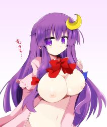 bow breasts cleavage coat crescent crescent_hair_ornament female female hair_ornament high_resolution large_breasts long_hair looking_at_viewer naked_coat navel nipples open_clothes open_coat patchouli_knowledge purple_eyes purple_hair shirogane_(platinum) solo touhou very_long_hair