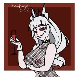 fishnet_shirt gloves helltaker lucifer_(helltaker) nipples see-through_clothing shadowguy tagme wine_glass