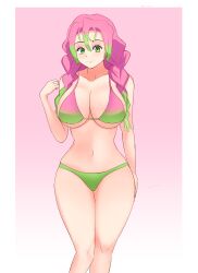 alternate_costume big_breasts bikini braided_hair cleavage curvy demon_slayer female female_only gradient_background green_eyes green_hair hourglass_figure huge_breasts kanroji_mitsuri kimetsu_no_yaiba long_hair looking_at_viewer multicolored_hair partially_clothed pink_background pink_hair smile solo swimsuit tiredtorto two_tone_hair wide_hips