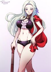 1girls adapted_costume artist_name blonde_hair blue_eyes breasts cape cleavage closed_mouth commentary dated edelgard_von_hresvelg female female female_only fire_emblem fire_emblem:_three_houses garreg_mach_monastery_uniform hip_bones holding long_hair medium_breasts midriff minacream narrow_waist navel nintendo redrawn revision simple_background solo swimsuit white_background