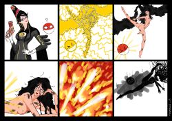 bayonetta bayonetta_(character) black_hair burning crossover electricity electrostimulation eyeshadow female_focus glasses gun hand_on_hip handgun injured lipstick messy_hair pistol pokemon pokemon_rgby raoshock voltorb weapon