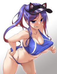 ass bangs bare_arms bare_legs bare_shoulders big_breasts bikini bikini_pull blue_bikini blue_hair blush breasts cleavage clothes_pull collarbone cowboy_shot eyebrows_visible_through_hair female grin groin hat highres kantai_collection large_breasts leaning_forward long_hair looking_at_viewer multicolored_hair navel ponytail purple_eyes red_hair simple_background smile smug solo south_dakota_(kantai_collection) streaked_hair sweat swimsuit swimsuit_pull visor_cap white_background yoshi_tama