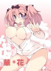 +_+ blue_eyes blush bouncing_breasts bow breast_slip breasts cover cover_page double_v doujinshi doujinshi_cover female female female_only hair_ornament hairbow hibari_(senran_kagura) jacket large_breasts nipple_slip nipples open_clothes open_jacket open_mouth pantsu pink_hair senran_kagura shirogane_(platinum) short_hair short_twintails smile solo symbol-shaped_pupils tied_hair track_jacket twintails unaligned_breasts underwear v