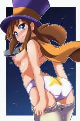 1girls :3 a_hat_in_time aged_up behind_view blue_eyes cape euf-dreamer female female_only hat hat_adult hat_kid light-skinned_female light_skin looking_at_viewer looking_back pale-skinned_female pale_skin panties ponytail small_breasts solo