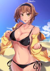 absurdres beach bikini black_hairband blue_sky breasts brown_eyes brown_hair cleavage cloud commentary_request cowboy_shot day female hairband highres horizon jacket kantai_collection large_breasts looking_at_viewer matsurika_(harusutain) mutsu_(kantai_collection) outdoors short_hair side-tie_bikini signature sky solo swimsuit yellow_jacket