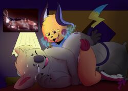 absurd_res anthro bed bodily_fluids cum cum_inside duo electricity fur furniture furry genital_fluids genitals hi_res invalid_tag koala male male/male male_penetrating mammal marsupial moxiepawler_(artist) nintendo nude open_mouth penetration penis pokémon_(species) pokemon pokemon_(species) raichu sex tongue video_games vombatiform