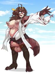 2020 anthro balls big_breasts bodily_fluids bottomwear breasts brown_body brown_fur brown_hair canid canine censored clothing cloud day dipstick_tail erection fur futanari genitals hair hi_res implied_transformation intersex kantai_collection kodaibun kongou_(kantai_collection) looking_up mammal markings nipples outside overweight overweight_intersex penis raccoon_dog skirt solo sweat tail_markings tanuki tears