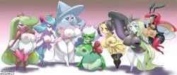 absurd_res anthro barely_visible_genitalia barely_visible_pussy big_breasts breasts female genitals gradient_background green_hair group hair hatterene hi_res kirlia ledian legendary_pokémon mawile meloetta nintendo nipples pokemon pokemon_(species) pussy roserade shortstack simple_background the_lost_artist tsareena video_games