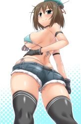 alternate_costume ass beret bikini bikini_top_only black_gloves black_legwear breasts brown_hair closed_mouth covered_nipples cowboy_shot female from_behind from_below gloves hair_ornament hat headgear highres kantai_collection large_breasts looking_at_viewer looking_back maya_(kantai_collection) short_hair short_shorts shorts side-tie_bikini sideboob smile smug solo striped striped_bikini swimsuit swimsuit_under_clothes thighhighs thong_bikini whale_tail x_hair_ornament yoshi_tama