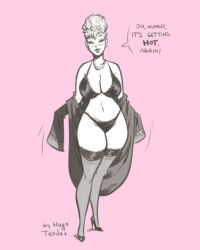 black_and_white_drawing dragon_ball dragon_ball_z female high_heels hugotendaz lingerie milf panchy panchy_(dragon_ball) panchy_briefs solid_color_background solo undressing