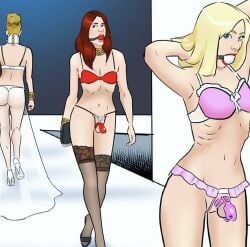 artist_request ball_gag blonde_hair bra chastity chastity_cage chastity_device cock_cage fashion_show femboy gag panties pink_chastity_cage public red_hair sissy stockings tagme trap