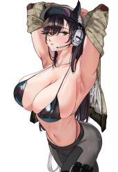 1girls 2022 animal_ears armpits arms_up ass atago_(azur_lane) azur_lane bikini_top black_bikini_top black_hair black_panties blush breasts cleavage commission female female_only hat headset hi_res hips huge_breasts jacket large_ass long_hair looking_at_viewer loooyd naughty_face panties simple_background slim_waist thick_thighs thighs thong tight_pants very_high_resolution white_background wide_hips yellow_eyes