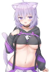 1girls 2021 :d absurdres ahoge animal_ear_fluff animal_ears bangs black_choker black_hoodie blush breasts cat_ears cat_girl cat_tail choker cropped_hoodie eyebrows_visible_through_hair female female_focus female_only hair_between_eyes highres hololive hololive_gamers hololive_japan hood hoodie large_breasts navel nekohuman221_(tsun221) nekomata_okayu purple_eyes purple_hair short_hair simple_background smile solo solo_female stomach tail underboob upper_body virtual_youtuber white_background