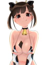 0:00 :q animal_ears animal_print bell between_breasts bikini black_choker breasts brown_eyes brown_hair candy chocolate chocolate_bar choker cleavage closed_mouth commentary cow_ears cow_horns cow_print cowbell double_bun elbow_gloves eyebrows_visible_through_hair female female food gloves halterneck highres horns idolmaster idolmaster_shiny_colors large_breasts licking_lips looking_at_viewer navel neck_bell new_year print_bikini print_gloves short_hair sidelocks simple_background smile solo sonoda_chiyoko swimsuit textless tongue tongue_out upper_body v_arms white_background white_bikini white_gloves