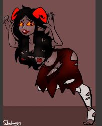 1girls 2022 aradia_megido ass black_hair breasts clothing drooling grey_skin heart-shaped_pupils homestuck horns long_hair looking_at_viewer ms_paint_adventures nipples open_mouth pointy_ears pussy pussy_juice red_background red_lips red_nipples shadowguy shaved_pussy solo torn_clothes troll yellow_eyes