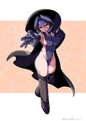 alternate_costume big_breasts black_hair black_legwear boots cape female female_only full_body gauntlets gloves hair_between_eyes hat headwear kingofbandit156 looking_at_viewer made_in_abyss mob_face ozen revealing_clothes short_hair sideboob smile solo standing thick_thighs thigh_boots thighhighs two_tone_hair wide_hips