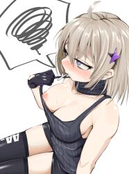 aa-12_(girls'_frontline) ahoge areolae bangs black_gloves black_legwear black_shorts blue_eyes blush breasts cleavage collarbone female female_focus female_only girls'_frontline gloves hair_between_eyes hair_ornament highres kuzumotsu large_breasts mouth_hold nipples shorts simple_background solo spoken_squiggle squiggle star_(symbol) star_hair_ornament thighhighs white_background