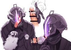 armor_(artist) bar_censor bondrewd censored claws cum cum_on_face cum_on_hand cum_on_penis erection fully_clothed fur helmet licking_cum long_tongue made_in_abyss male male_only mask masked masked_male narehate penis sharp_claws solo_focus upper_body