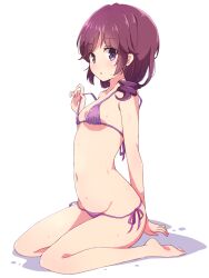 bangs bikini bikini_tug blush breasts collarbone commentary female female from_side full_body highres looking_at_viewer machikado_mazoku medium_hair mel_(melty_pot) micro_bikini navel open_mouth purple_bikini purple_eyes purple_hair side-tie_bikini simple_background sitting small_breasts solo swimsuit wariza white_background yoshida_ryouko