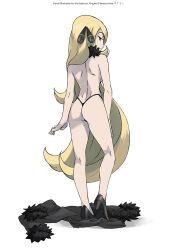 1girls ale-halexxx ale_(ale_halexxx) back_view blonde_hair cynthia_(pokemon) female high_heels long_hair looking_back pokemon solo thong white_background