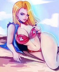 1girls android_18 big_breasts bikini blonde_hair blue_eyes breasts dragon_ball dragon_ball_z female female_only fully_clothed solo swimsuit theartofmathew wide_hips