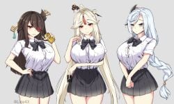 2022 3girls :> :< absurd_res ara_ara artist_name bare_arms beer beer_can beidou_(genshin_impact) blue_eyes bow bowtie braid breast_hold breast_pocket breasts brown_hair button_gap clothed clothing credit_card drink eyebrows_visible_through_hair eyepatch eyes_visible_through_hair female female_only fully_clothed genshin_impact grey_background grey_hair hair_over_one_eye hair_stick hair_twirling hand_on_hip head_tilt highlights highres holding_can holding_object jewelry joshi_kōsei_rich_thots large_breasts line4x long_hair long_ponytail looking_at_viewer low_ponytail multiple_girls ningguang_(genshin_impact) parody playing_with_hair pleated_skirt ponytail red_eyes red_highlights school_uniform seductive shenhe_(genshin_impact) shirt silver_hair simple_background single_braid skirt smile smirk standing teeth thick_thighs thighs tied_hair twitter_username uniform v_arms very_long_hair watermark yebisu