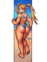 1girls artist_logo ass back beach blonde_hair blue_eyes blue_swimsuit capcom highres looking_at_viewer muscular muscular_back muscular_female one-piece_swimsuit rainbow_mika street_fighter swimsuit toned_female twintails vj99