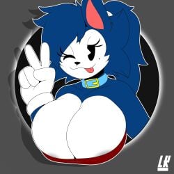 1:1 5_fingers absurd_res areola_slip beauty_mark big_breasts blinki_the_wolf blue_fur canid canine canis cleavage_overflow colorized edit fleischer_style_toon furry gloves lobokosmico mklancer00 neck_collar one_eye_closed pac-man_eyes peace_sign red_shirt retro_artstyle retro_artstyle_(western) rubber_hose strapless_bra tongue_out v_sign white_fur wink wolf