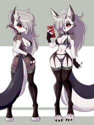 1girls 2d animal_ears anthro ass_visible_through_thighs back_view black_eyelids black_fingerless_gloves black_fingernails black_legwear black_nose bra breasts cleavage collar different_poses female female_only fingerless_gloves fox fox_ears front_view furry furry_only goth grey_hair hair_over_one_eye hellhound helluva_boss hips holding_object holding_phone knees_together_feet_apart legwear lingerie long_hair looking_back loona_(helluva_boss) lucyfercomic no_humans red_eyes sideboob snout solo solo_female solo_focus spiked_collar vivienne_medrano waist_length_hair white_body white_fur wide_hips