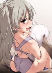 1boy alternate_costume ass back bangs bare_arms bare_legs bare_shoulders blush breast_grab breasts brown_eyes collarbone competition_swimsuit conte_di_cavour_(kantai_collection) covered_nipples eyebrows_visible_through_hair female from_behind grabbing grabbing_from_behind groping highres huge_breasts kantai_collection long_hair multicolored_clothes multicolored_swimsuit one-piece_swimsuit open_mouth silver_hair sitting solo_focus straight sweat swimsuit two-tone_swimsuit two_side_up wavy_mouth yoshi_tama