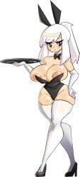 alternate_version_available areola ass background black_eyes blush bunny_ears bunny_girl bunnysuit byternomar clothes clothing embarrassed fat_ass genderswap genderswap_(mtf) geo_(gwain_saga) gwain_saga heat heated horny hourglass_figure large_breasts looking_away looking_down nipple_slip nipples original playboy_bunny rule_63 smile solo solo_female solo_focus stockings sweat sweating thighhighs transparent_background tray white_hair white_stockings