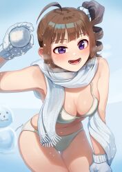 ahoge bangs bare_shoulders bikini blunt_bangs blush breasts brown_hair cowboy_shot drill_hair drill_ponytail female female gloves hair_ornament hair_scrunchie hand_on_own_thigh idolmaster idolmaster_million_live! idolmaster_million_live!_theater_days kamille_(vcx68) leaning_forward lower_teeth medium_breasts medium_hair navel open_mouth ponytail purple_eyes scarf scrunchie side_ponytail sidelocks smile snow snowball snowing snowman solo swimsuit teeth thigh_gap white_bikini yokoyama_nao