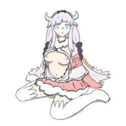 aged_up blue_eyes charlioptera dragon_girl female horns kanna_kamui kneeling kobayashi-san_chi_no_maidragon large_breasts long_hair miss_kobayashi's_dragon_maid solo thighhighs very_long_hair