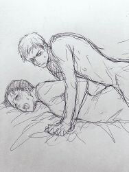 2boys attack_on_titan black_hair_male blush flatiron_position freckles from_behind gay gay_sex jean_kirstein male male/male male_only male_penetrating marco_bodt moaning_in_pleasure naked on_bed pleasure_face saliva_trail shingeki_no_kyojin yaoi