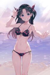 alternate_costume bangs bare_shoulders beach bikini black_bikini black_hair blue_eyes blush bracelet breasts cherry_print cleavage collarbone eyebrows_visible_through_hair fate/stay_night fate_(series) female female food_print grin hair_ribbon hand_up highres jewelry long_hair looking_at_viewer medium_breasts navel ribbon shiny shiny_hair side-tie_bikini smile solo stomach swimsuit tanchobee tohsaka_rin two_side_up wet