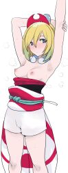 armpits arms_up bangle bangs berserkert blonde_hair blush bracelet breasts clothes_pull female hair_between_eyes hairband highres irida_(pokemon) jewelry medium_breasts nipples nose_blush pokemon pokemon_(game) pokemon_legends:_arceus red_hairband shirt shirt_pull short_hair shorts simple_background solo steam strapless strapless_shirt stretch sweat white_background white_shorts