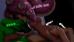 1boy 1girls 3d balls bedroom breasts closed_eyes desti_(smg4) dialogue femdom green_hair hand_on_hair inkling inkling_boy kissing love nipples octoling octoling_girl original_character penis pink_hair sfm smg4 source_filmmaker splatoon splatoon_2 text vaginal_penetration wholesome