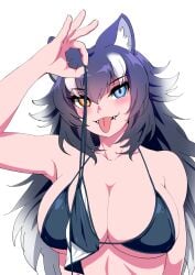 :3 :p animal_ear_fluff animal_ears arm_at_side armpits bangs bikini bikini_bottom_removed black_bikini black_hair blue_eyes blush breasts cleavage closed_mouth collarbone commentary_request eyebrows_visible_through_hair fangs fangs_out female female flipped_hair gradient_hair grey_wolf_(kemono_friends) hair_between_eyes halterneck hand_up head_tilt heterochromia highres holding holding_clothes holding_swimsuit kemono_friends large_breasts long_hair looking_at_viewer mamiyama micro_bikini multicolored_hair naughty_face orange_eyes simple_background smile solo streaked_hair string_bikini swimsuit tongue tongue_out upper_body v-shaped_eyebrows very_long_hair white_background white_hair wolf_ears wolf_girl