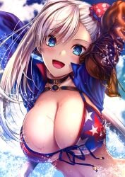 akeyama_kitsune american_flag_bikini arms_behind_head arms_up asymmetrical_gloves bangs bikini blue_eyes blue_jacket blue_sky blush breasts brown_gloves bun_cover choker cleavage collarbone commentary cropped_jacket fate/grand_order fate_(series) female flag_print gloves hair_bun hair_ribbon jacket large_breasts long_hair long_sleeves looking_at_viewer miyamoto_musashi_(fate) miyamoto_musashi_(swimsuit_berserker) miyamoto_musashi_(swimsuit_berserker)_(fate) open_mouth pink_hair ribbon shrug_(clothing) side_bun sky smile solo swept_bangs swimsuit uneven_gloves water weapon