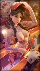 areolae black_hair black_nails braid braided_hair braided_twintails breasts breasts_outside captain_hotdog ear_piercing earrings epic_games fingernails fortnite freckles helix3d jules_(fortnite) mechanic mostly_nude nail_polish nipples no_bra qo solo solo_female solo_focus tattoo tattoos thick_thighs tool_belt topless topless_female wide_hips wrench