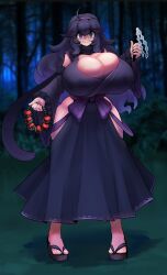 1girls alternate_breast_size bare_hips big_breasts blush cleavage detached_sleeves dress forest gipehtyboon gohei hakama headband hex_maniac huge_breasts japanese_clothes long_hair looking_at_viewer poke_ball pokemon pokemon_legends:_arceus purple_dress purple_eyes purple_hair ribbon sandals smile solo solo_female tagme thighs wide_hips yboon zouri