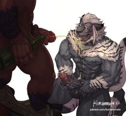 2boys anthro balls bodily_fluids clothing drinking drinking_urine duo felid final_fantasy final_fantasy_xiv foreskin gay genital_fluids genitals hrothgar kneeling kumammoto_(artist) lion magnus_(ffxiv) male male/male male_only mammal masturbation muscular muscular_male nipples pants_down peeing peeing_in_mouth penis piss precum pubes square_enix steam urination urine urine_in_mouth urine_stream video_games watersports yaoi