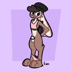 absurd_res anthro balls beanie beanie_hat bedroom_eyes blush blush_lines bottomless bottomless_anthro bottomless_male brown_body brown_fur chastity_device cheek_tuft chest_tuft clothed clothing crop_top curled_hair elbow_tuft facial_tuft fur genitals girly hair hat headgear headwear hi_res lagomorph leporid looking_at_viewer male male_chastity_device mammal narrowed_eyes panties panties_around_ankles penis purple_background rabbit seductive shirt simple_background small_penis smile smirk smug smug_face smug_grin solo the_xing1 topwear tuft underwear