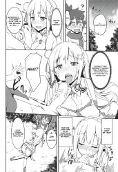 10s 1boy 1girls 2018 ? absurd_res against_tree age_difference all_fours ass blush breasts censored cleavage comic comic_page doujin doujinshi elf elf_ears elf_female elf_girl emilia_(re:zero) english english_dialogue english_text female_virgin first_oral first_time flower_in_hair forest hair_flower hair_ribbon hairclip hands_on_head highres human interspecies large_breasts licking_penis long_hair lucas_(re:zero) lucky_bastard male_human/female_elf male_virgin minato_yoshihiro miniskirt moaning no_panties older_female older_woman_and_younger_boy on_all_fours panels penis_in_mouth penis_lick pleasure_face pointy_ears re:zero_kara_hajimeru_isekai_seikatsu rose scarf shaking shirtless shocked_expression teenage_girl teenage_girl_and_younger_boy teenager text text_bubble tongue_around_penis translated young younger_male