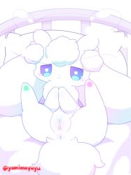 aloe_(nakimayo) anus bed blue_eyes cnidarian digital_media_(artwork) female feral fluffy fluffy_tail furniture genitals hi_res hospital_bed jellyfish lagomorph leporid long_ears mammal marine medusozoan nakimayo pillow pussy rabbit rainbow_pussy smile solo solo_focus white_body