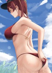 adjusting_clothes adjusting_swimsuit ass bare_shoulders bikini black_headwear breasts cloud cloudy_sky female from_side halterneck highres hololive hololive_fantasy hololive_japan houshou_marine large_breasts long_hair nape outdoors red_bikini red_eyes red_hair sky solo string_bikini swimsuit twintails virtual_youtuber visor_cap water_drop wet yamikyon