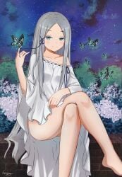 1girls blue_eyes blue_ribbon brick_wall bug butterfly dress flashing forest humany legs_crossed long_hair long_legs naked_from_the_waist_down nature night night_sky pandora_(re:zero) platinum_hair pussy pussy_peek re:zero_kara_hajimeru_isekai_seikatsu ribbon sitting sky very_long_hair white_dress witch