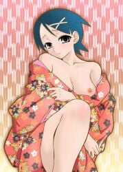 black_hair blush brown_eyes female fujimaru_arikui fuura_kafuka hairclip japanese_clothes kimono large_breasts sayonara_zetsubou_sensei short_hair solo