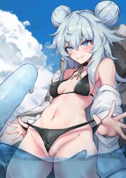 bikini black_bikini blue_eyes blue_hair blue_sky blush boulder breasts cameltoe chains cloud collar double_bun eyebrows_visible_through_hair female food girls'_frontline grin hair_between_eyes heart heart-shaped_pupils highres ky_(ky990533) long_hair outdoors pa-15_(girls'_frontline) popsicle sky smile solo swimsuit symbol-shaped_pupils