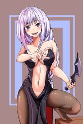 bangs black_dress braid braided_ponytail breasts cleavage dress elf_ears elf_female elsa_granhilte_(cosplay) emilia_(re:zero) fangs female foot_on_table highres knife large_breasts linea_alba long_hair pantyhose pelvic_curtain pointy_ears pointy_teeth purple_eyes re:zero_kara_hajimeru_isekai_seikatsu silver_hair smile solo teenage_girl teenager uniform very_long_hair